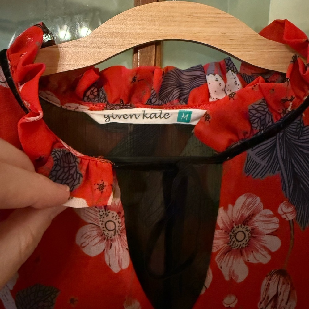 Given Kale Red Floral Blouse with Layered Ruffled Sleeves - Picture 2 of 3